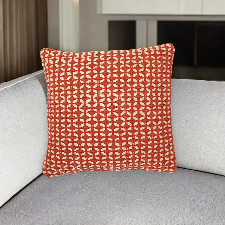 18" Red and White Geometric Cotton Blend Throw Pillow Cover