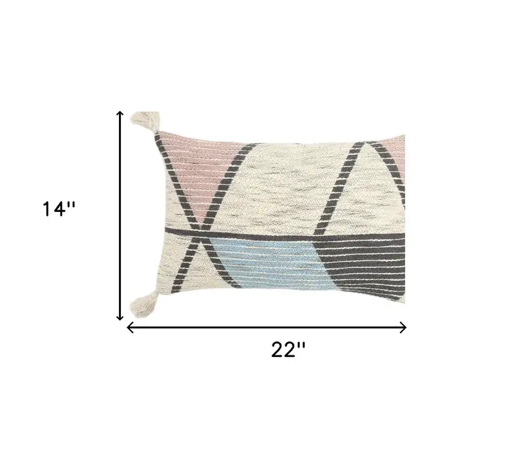 14" X 22" Ivory Gray and Pink Geometric Cotton Lumbar Throw Pillow Cover With Tassels