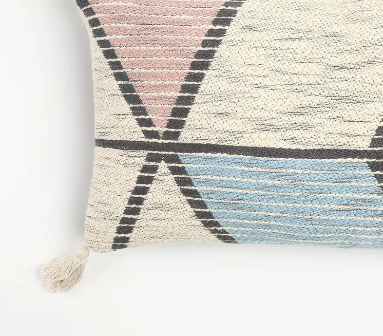 14" X 22" Ivory Gray and Pink Geometric Cotton Lumbar Throw Pillow Cover With Tassels