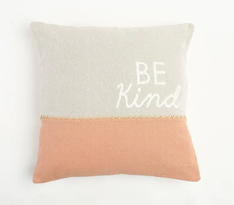 20" Natural and Coral Hand Woven Text Indoor Outdoor Throw Pillow Cover With Embroidery