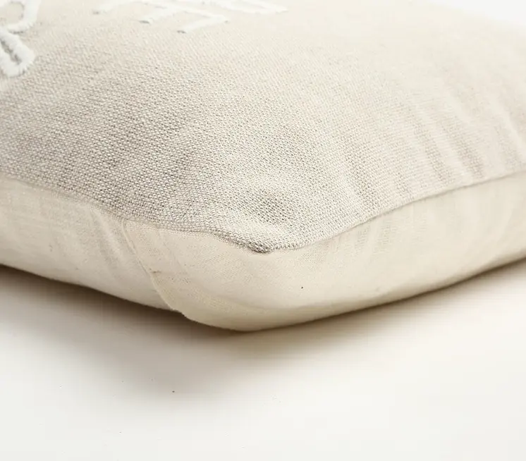 20" Natural and Coral Hand Woven Text Indoor Outdoor Throw Pillow Cover With Embroidery