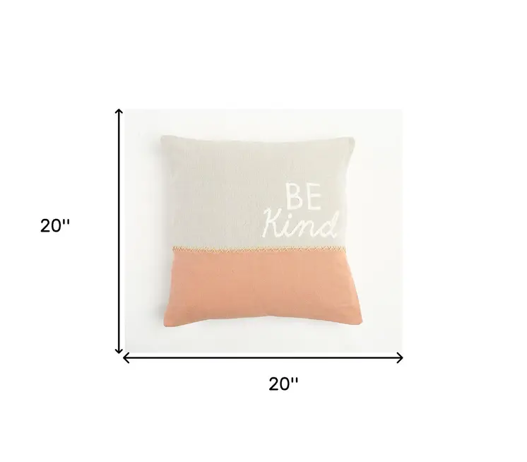 20" Natural and Coral Hand Woven Text Indoor Outdoor Throw Pillow Cover With Embroidery