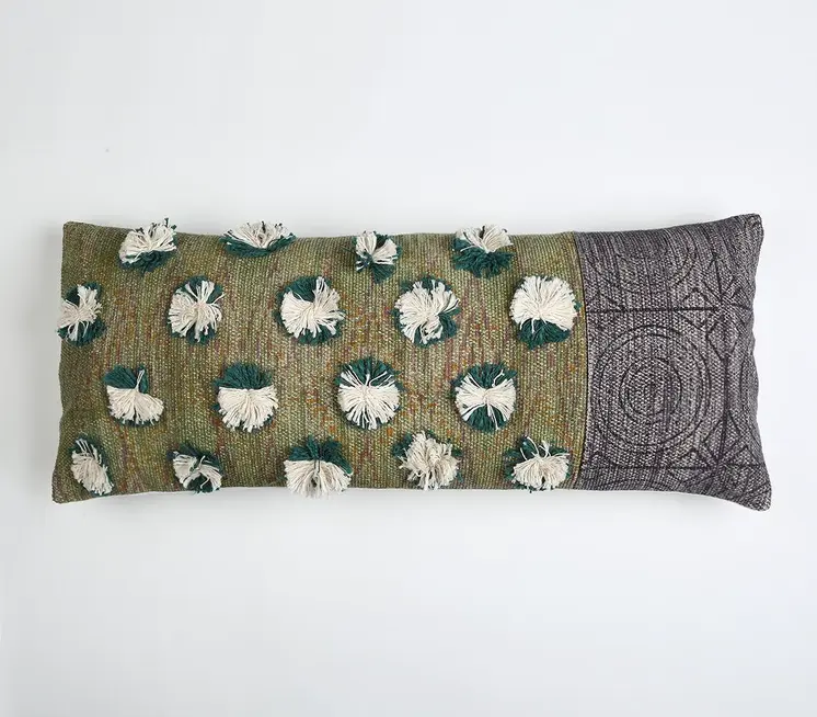 12" X 28" Beige and Green Abstract Cotton Throw Pillow Cover With Fringe