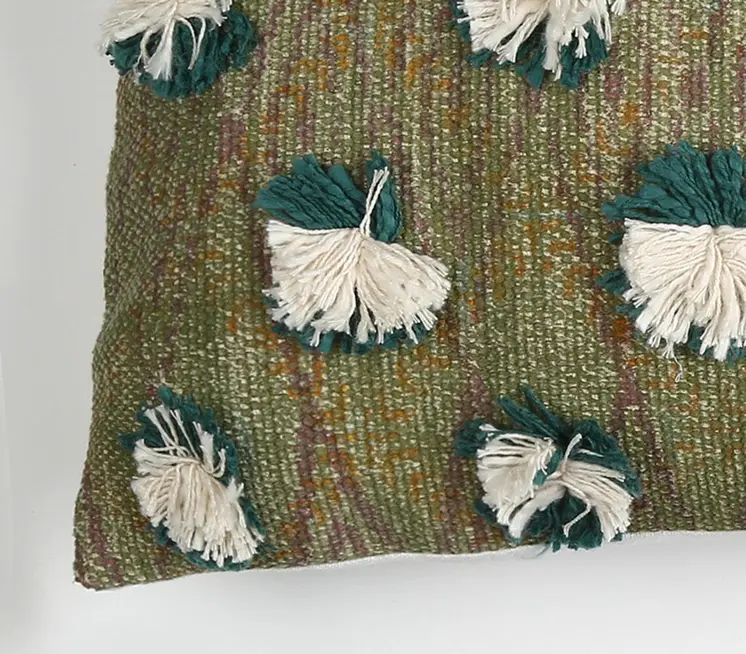 12" X 28" Beige and Green Abstract Cotton Throw Pillow Cover With Fringe