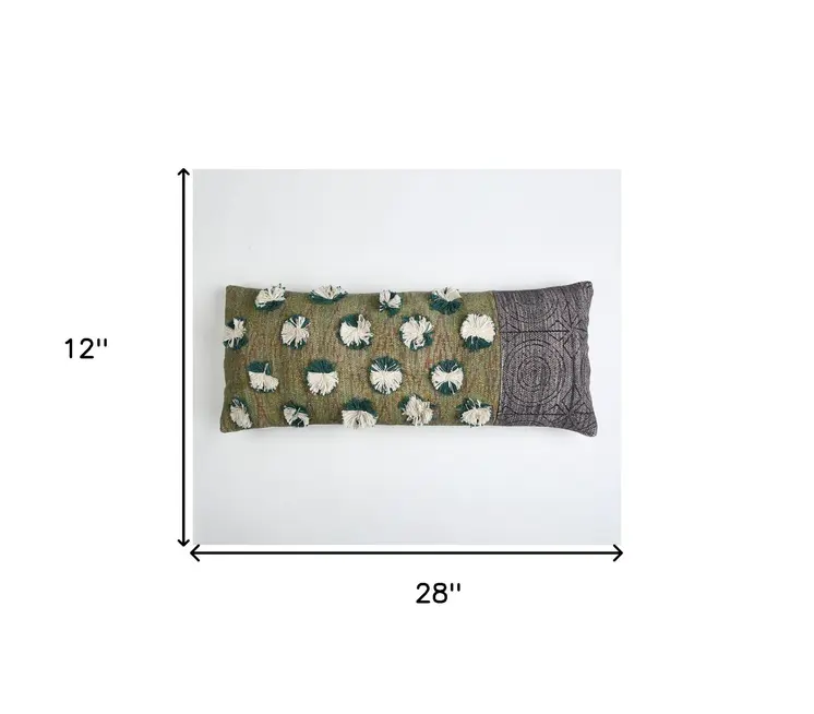 12" X 28" Beige and Green Abstract Cotton Throw Pillow Cover With Fringe