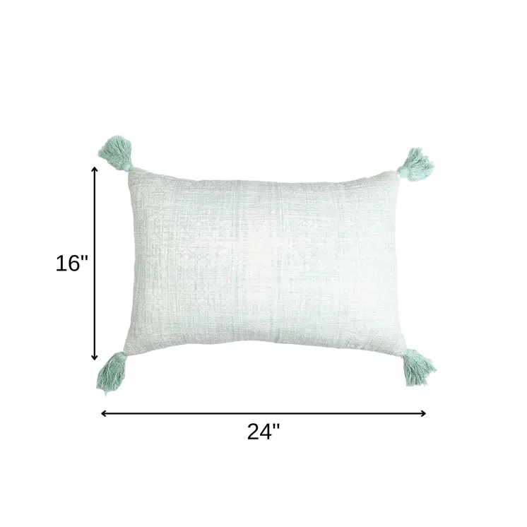 16" X 24" Mint Green Hand Woven Indoor Outdoor Throw Pillow Cover With Tassels