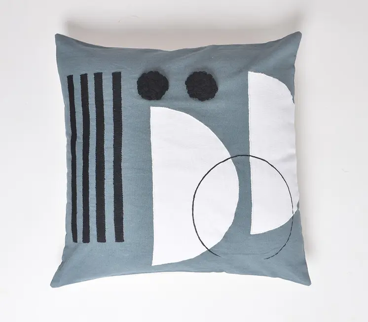 18" Blue and White Patchwork Cotton Throw Pillow Cover With Embroidery