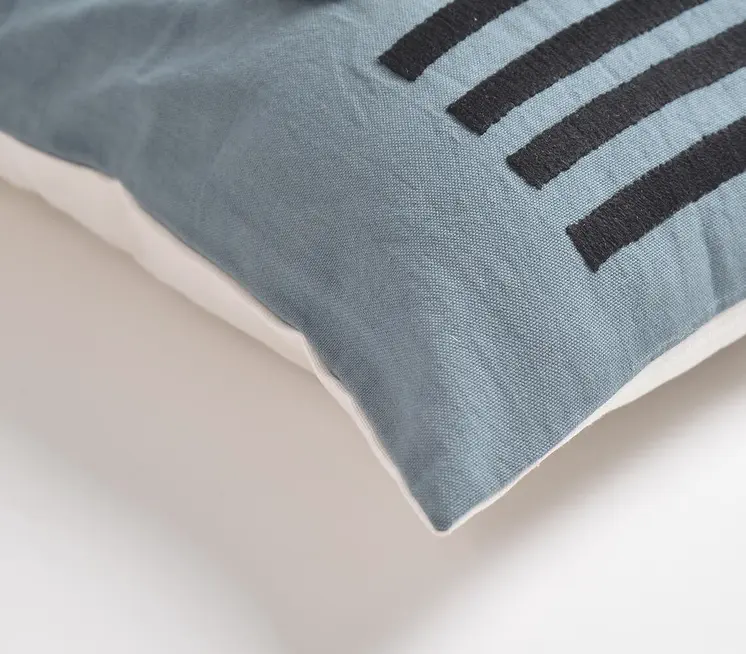 18" Blue and White Patchwork Cotton Throw Pillow Cover With Embroidery