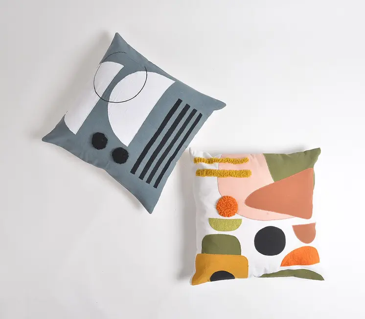 18" Blue and White Patchwork Cotton Throw Pillow Cover With Embroidery