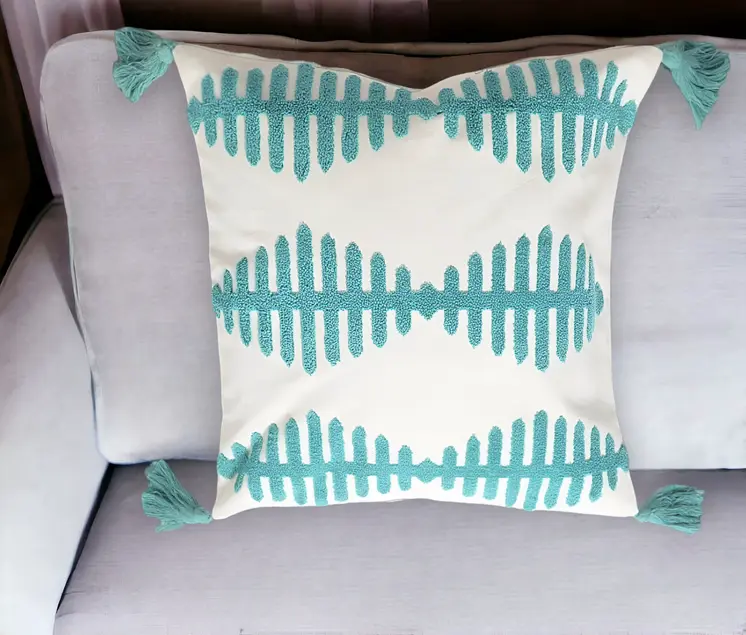 18" Teal and White Geometric Cotton Throw Pillow Cover