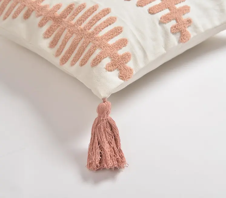 18" White and Coral Geometric Throw Pillow Cover With Tassels, Embroidered