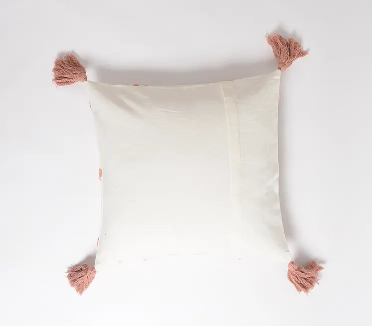 18" White and Coral Geometric Throw Pillow Cover With Tassels, Embroidered