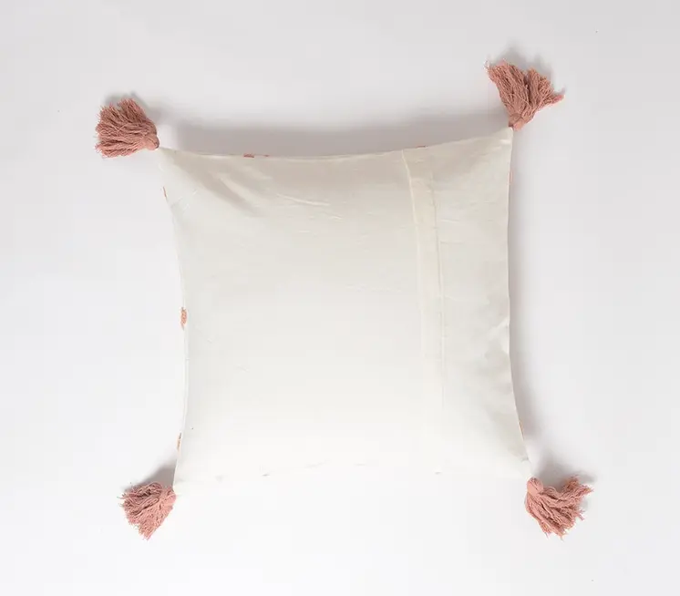 18" White and Coral Geometric Throw Pillow Cover With Tassels, Embroidered