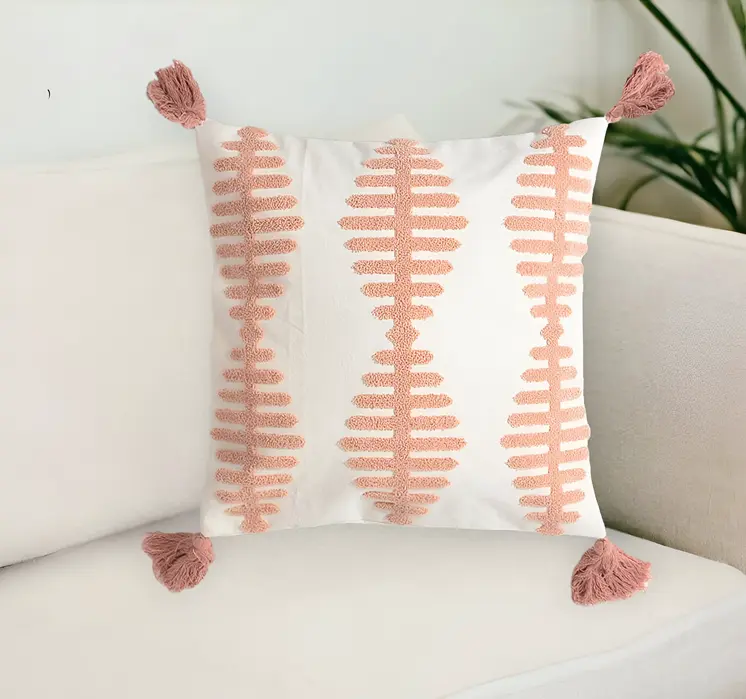 18" White and Coral Geometric Throw Pillow Cover With Tassels, Embroidered
