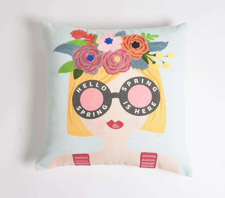 16" Blue and Pink Floral Cotton Throw Pillow Cover With Embroidery