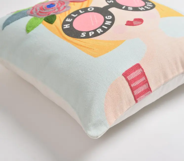 16" Blue and Pink Floral Cotton Throw Pillow Cover With Embroidery
