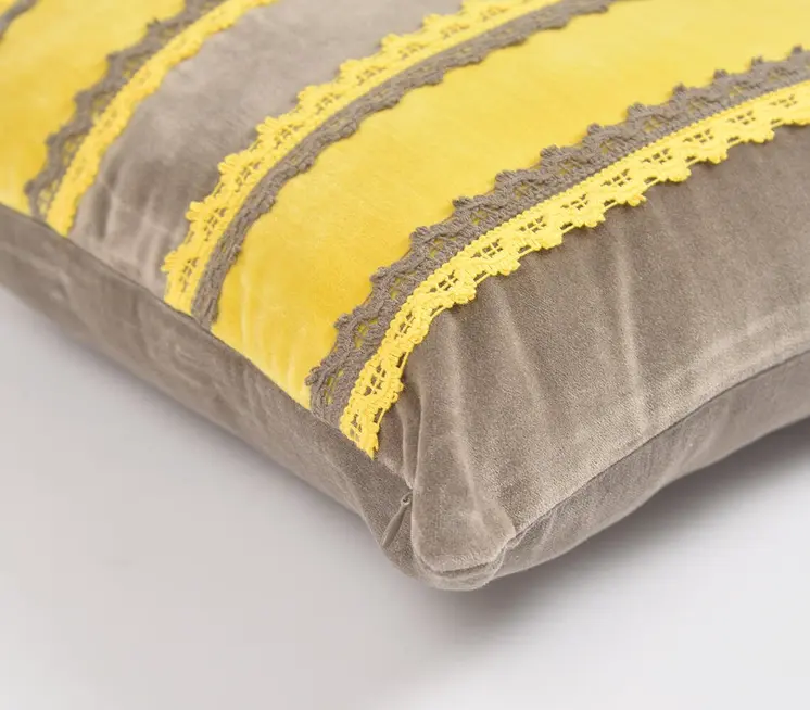16" Yellow and Brown Striped Cotton Throw Pillow Cover With Lace