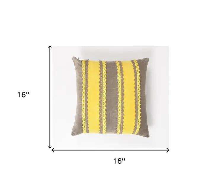 16" Yellow and Brown Striped Cotton Throw Pillow Cover With Lace