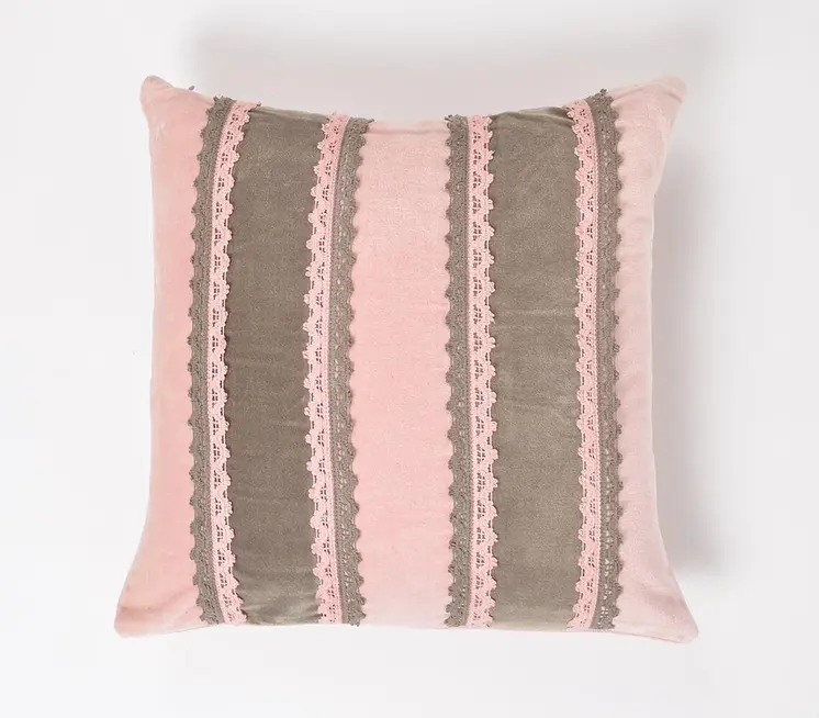 16" Pink and Brown Striped Throw Pillow Cover With Lace
