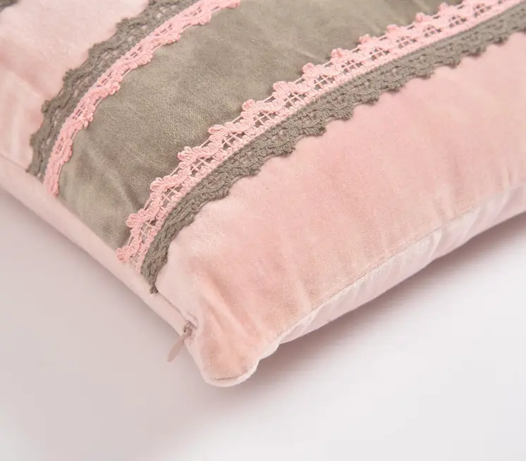 16" Pink and Brown Striped Throw Pillow Cover With Lace