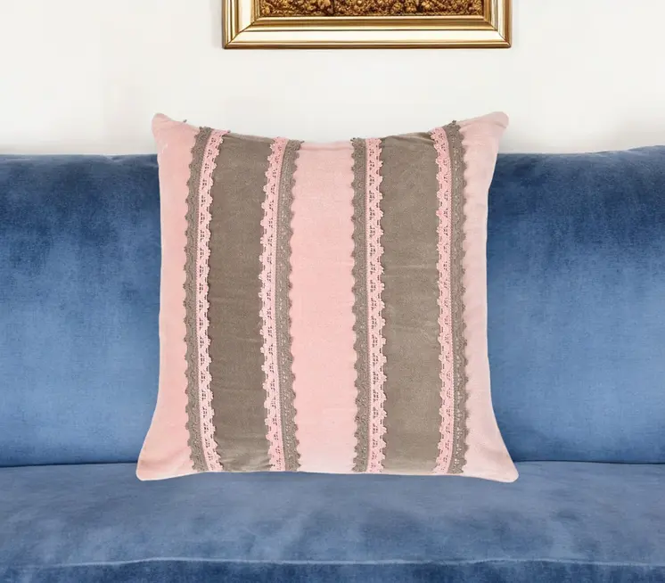 16" Pink and Brown Striped Throw Pillow Cover With Lace