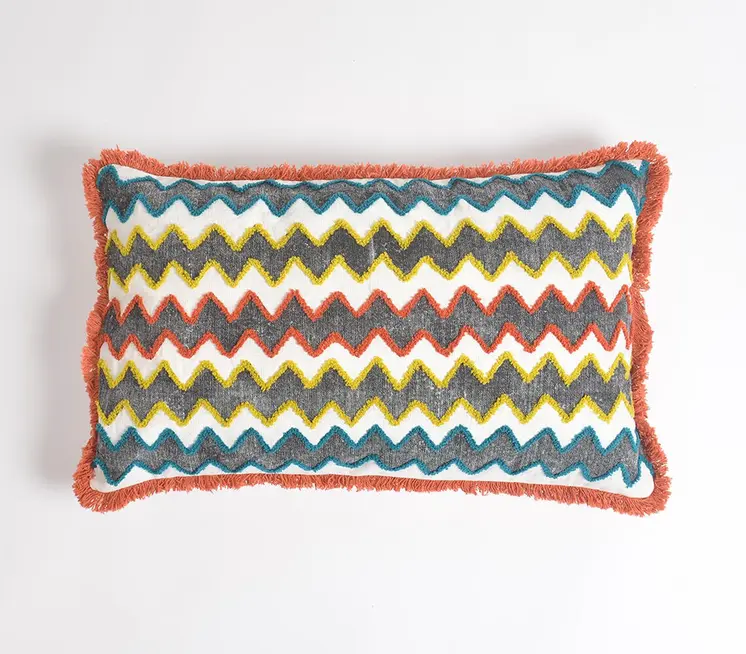 12" X 20" Orange and White Chevron Cotton Blend Throw Pillow Cover With Fringe