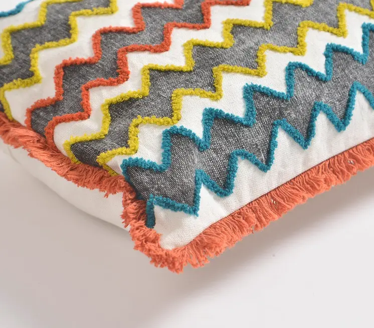 12" X 20" Orange and White Chevron Cotton Blend Throw Pillow Cover With Fringe