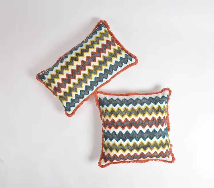 12" X 20" Orange and White Chevron Cotton Blend Throw Pillow Cover With Fringe