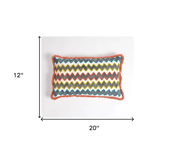 12" X 20" Orange and White Chevron Cotton Blend Throw Pillow Cover With Fringe