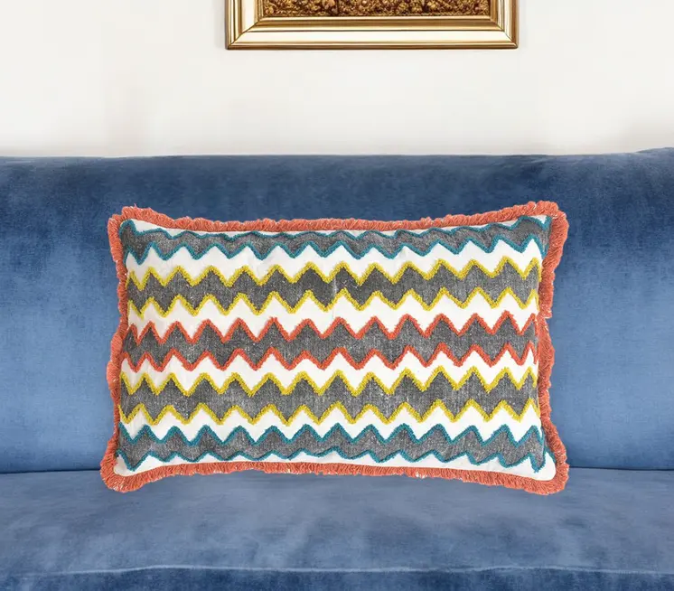 12" X 20" Orange and White Chevron Cotton Blend Throw Pillow Cover With Fringe