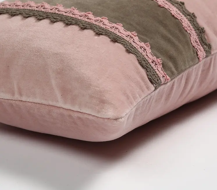 12" X 20" Pink and Brown Striped Cotton Throw Pillow Cover With Lace