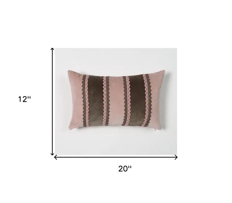 12" X 20" Pink and Brown Striped Cotton Throw Pillow Cover With Lace
