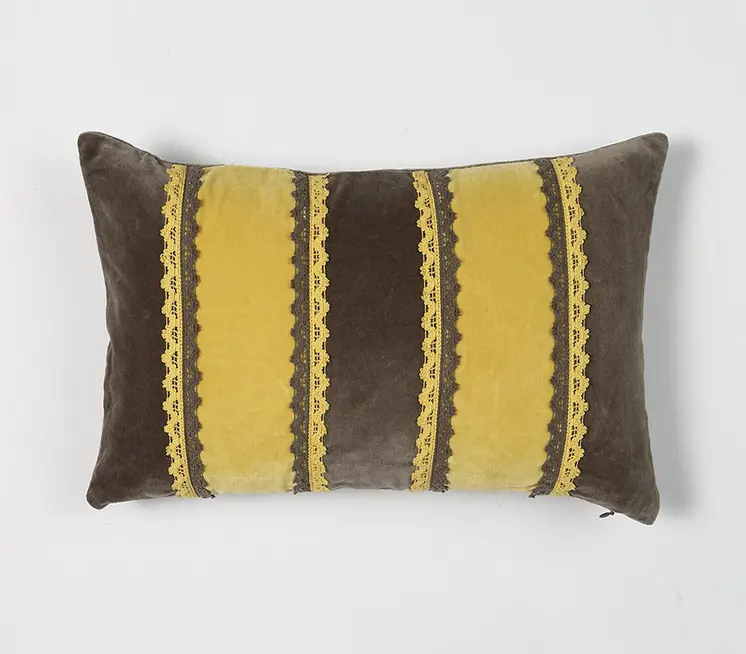 12" X 20" Yellow and Brown Striped Cotton Throw Pillow Cover With Lace