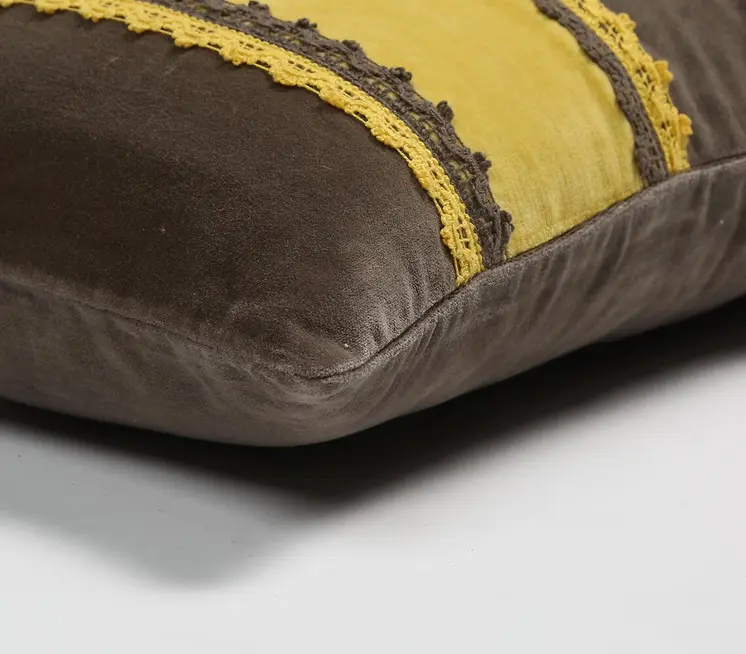 12" X 20" Yellow and Brown Striped Cotton Throw Pillow Cover With Lace