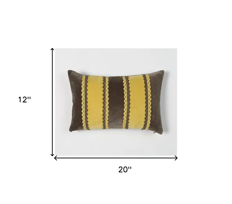12" X 20" Yellow and Brown Striped Cotton Throw Pillow Cover With Lace