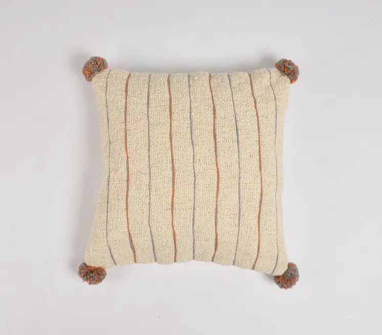 18" Beige and Orange Linen Cotton Throw Pillow Cover With Pom Poms