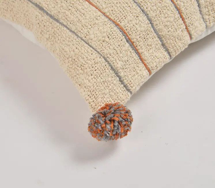 18" Beige and Orange Linen Cotton Throw Pillow Cover With Pom Poms