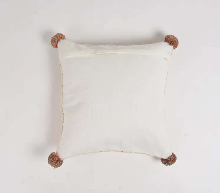 18" Beige and Orange Linen Cotton Throw Pillow Cover With Pom Poms