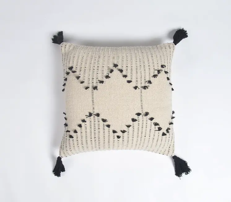 18" Black and White Diamond Cotton Throw Pillow Cover With Fringe, Tassels