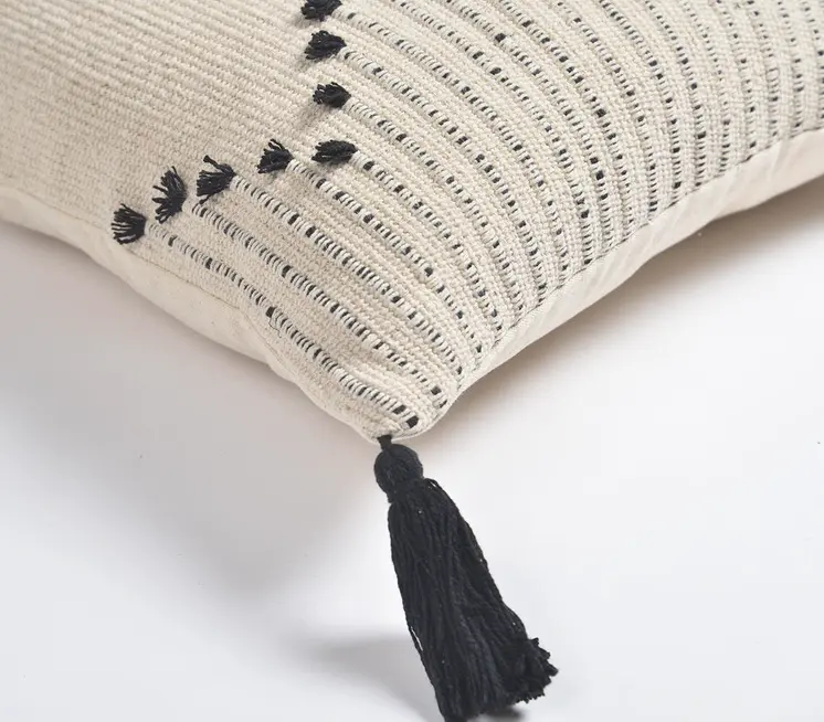 18" Black and White Diamond Cotton Throw Pillow Cover With Fringe, Tassels