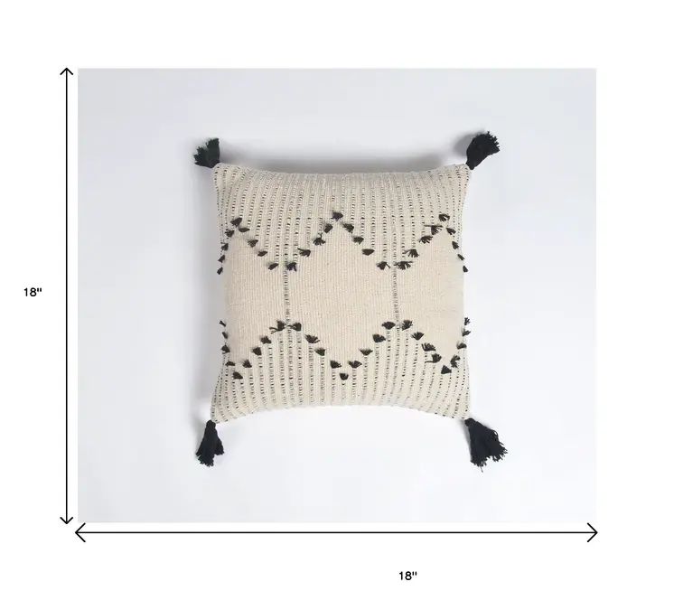 18" Black and White Diamond Cotton Throw Pillow Cover With Fringe, Tassels