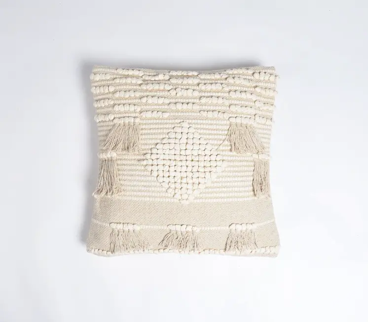 18" Ivory and White Striped Cotton Throw Pillow Cover With Fringe, Tufts