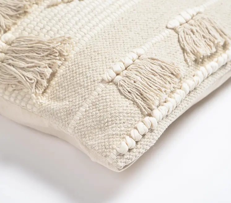 18" Ivory and White Striped Cotton Throw Pillow Cover With Fringe, Tufts