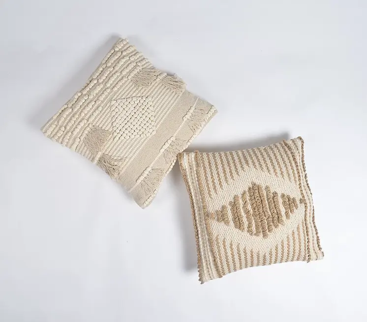 18" Ivory and White Striped Cotton Throw Pillow Cover With Fringe, Tufts