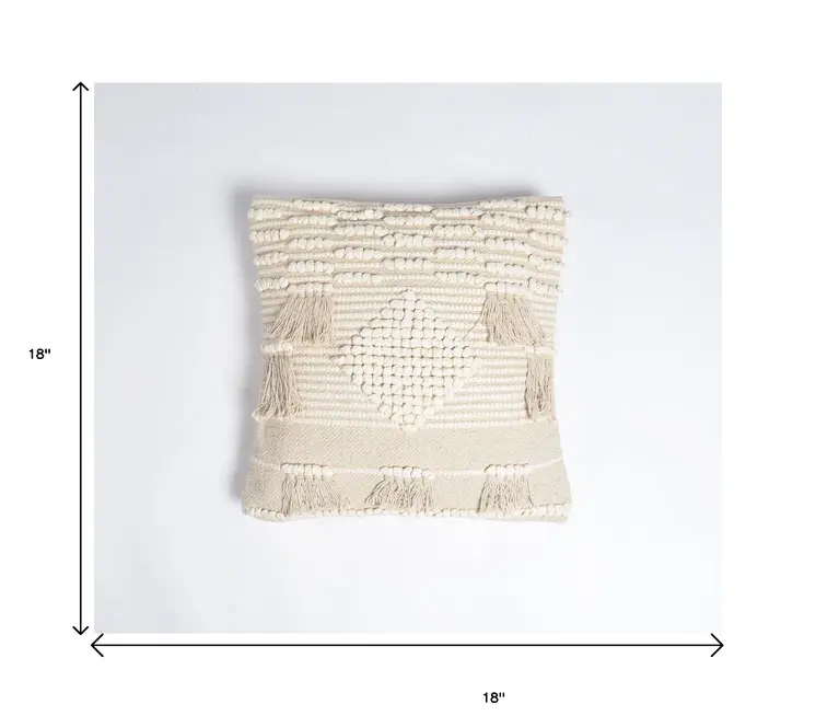 18" Ivory and White Striped Cotton Throw Pillow Cover With Fringe, Tufts