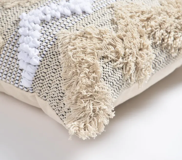 18" Beige and White Chevron Cotton Throw Pillow Cover With Fringe, Tufts