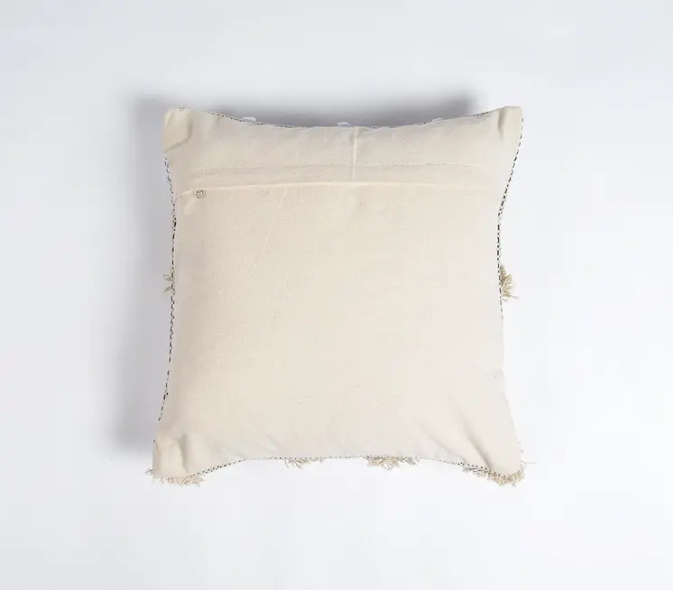 18" Beige and White Chevron Cotton Throw Pillow Cover With Fringe, Tufts