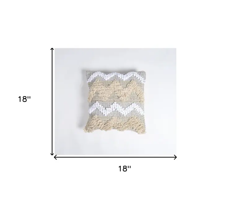 18" Beige and White Chevron Cotton Throw Pillow Cover With Fringe, Tufts