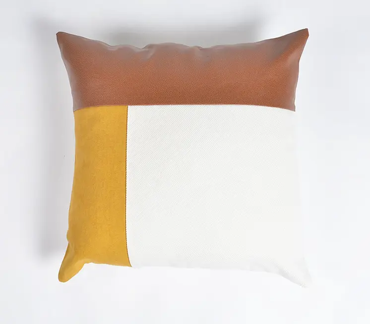 18" Brown and White Patchwork Cotton Blend Throw Pillow Cover