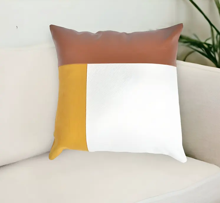 18" Brown and White Patchwork Cotton Blend Throw Pillow Cover